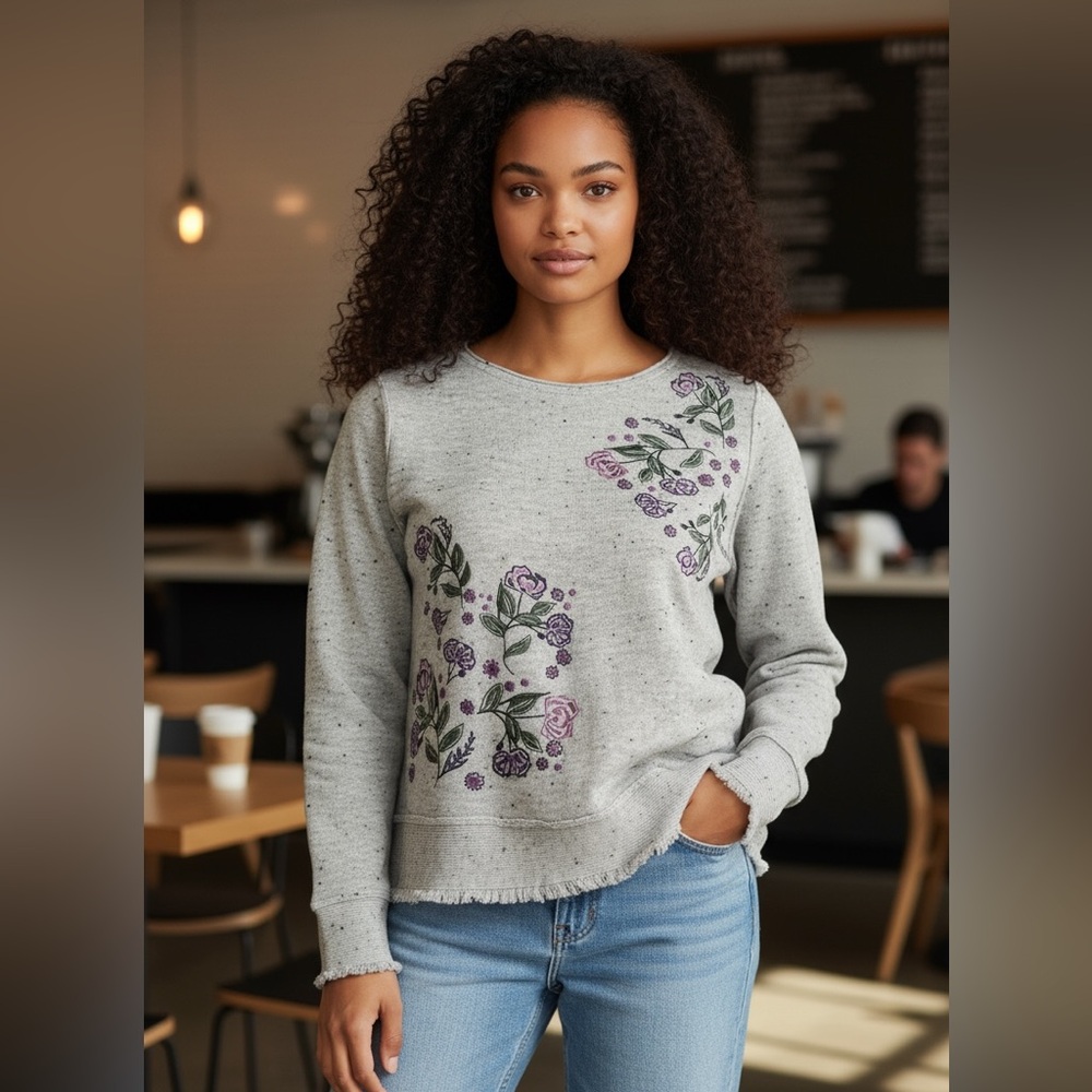 Style & Co Petite Large Gray Floral Print Sweater
